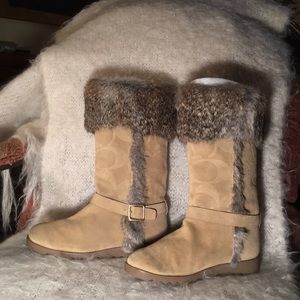 Coach suede embossed fur trimmed boots